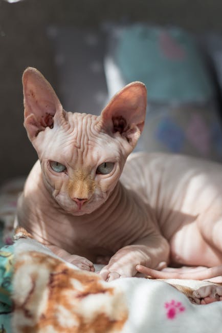 En nøgne Sphynx kat ligger på en farverig tæppe med et fokuseret udtryk og halvåbne øjne omgivet af blødt lys