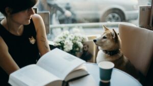 En person sidder ved et bord med en åben bog og kigger på en epagneul de Saint Usuge hund, som sidder opmærksomt ved siden af en papirbeholder og blomster i baggrunden.