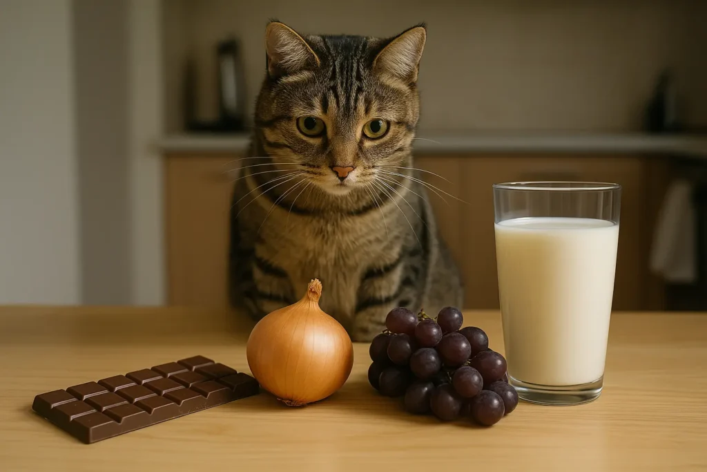 En nysgerrig tabbykat sidder ved et lyst træbord og kigger på en række madvarer, herunder chokolade, løg, druer og et glas mælk.