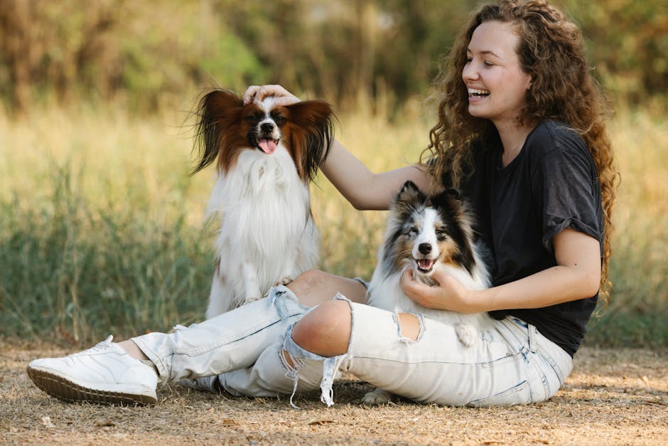 En kvinde sidder på jorden i en grøn udendørs scene og leger med to hunde, en Papillon og en Shetland Sheepdog, hun smiler og ser glad ud.