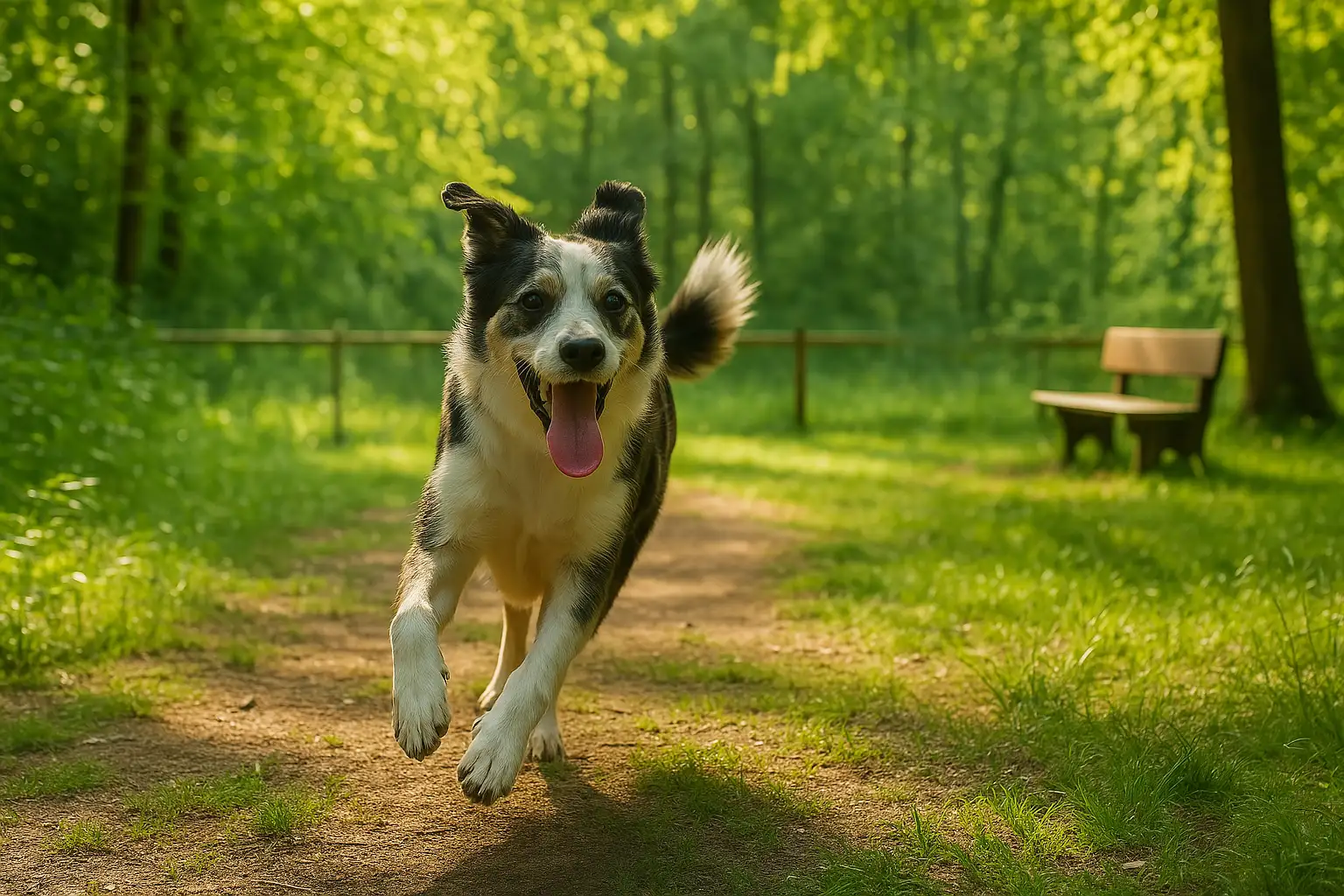 En Border Collie springer energisk ad en solbeskinnet skovsti omgivet af grøn vegetation og varme solstråler. Hunden er i fuld bevægelse og udstråler glæde i den fredelige natur, som illustrerer friheden i en hundeskov.